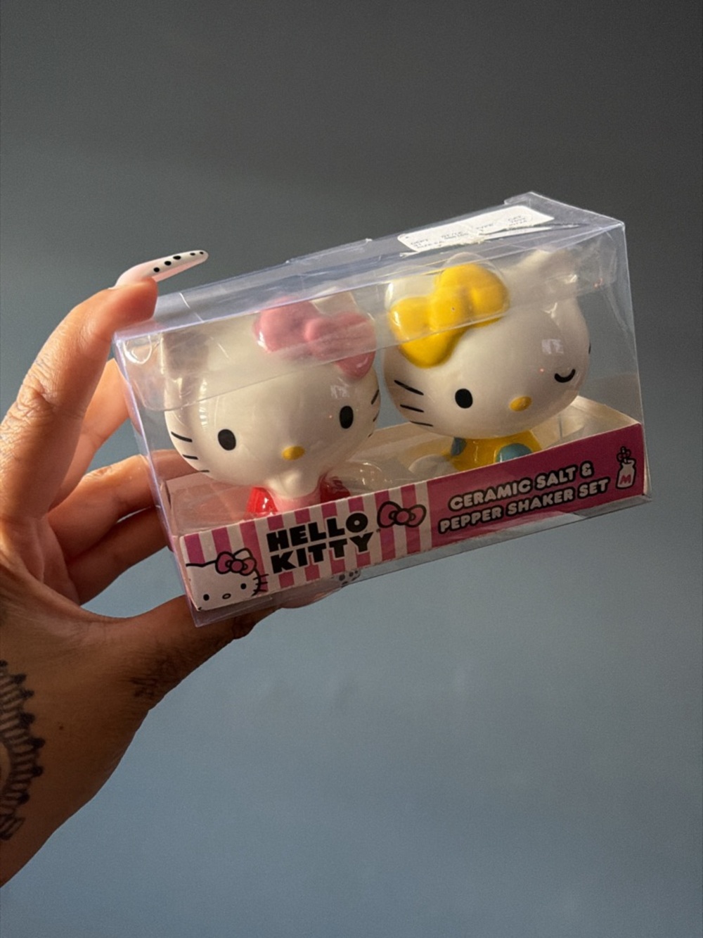 Hello Kitty Ceramic Salt & Pepper Shakers — White with Pink & Yellow Accents
